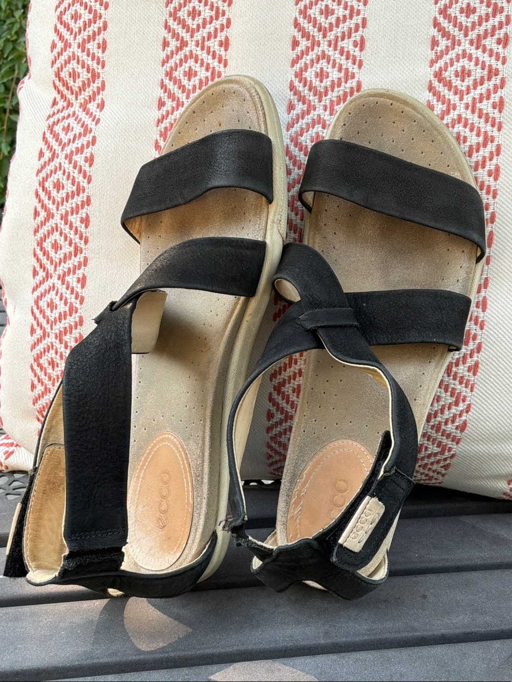 Women’s ECCO Leather strap sandal w adjustable heel strap Black / Cream Size 8
